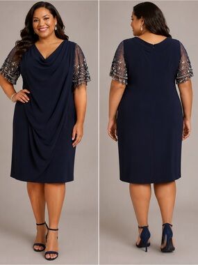 Betsy & Adam Navy Embellished Sleeve Sheath Dress Size 22W NWT Pearl Beaded